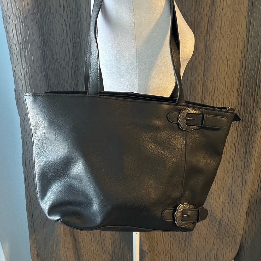 Chic Black Tote Bag with Buckle Accents